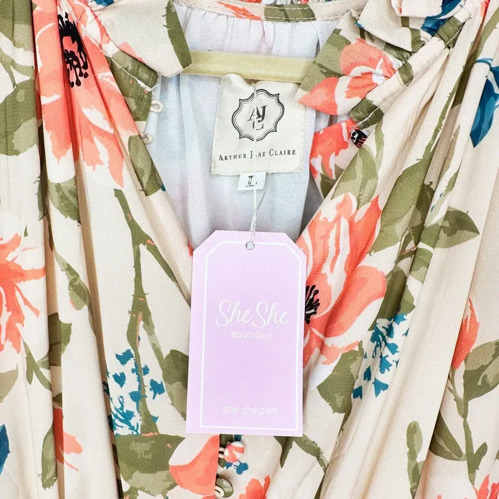 NWT Arthur Jane Claire Ruffle Neck Floral Long Sleeve Button Up Midi Dress Large - Picture 5 of 14